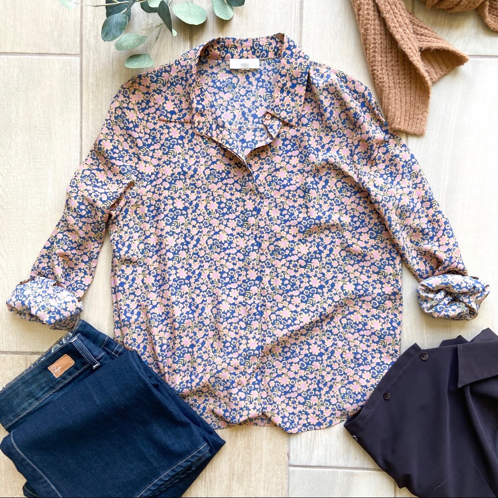A loves A 100% Silk Floral Print Button Down Shirt